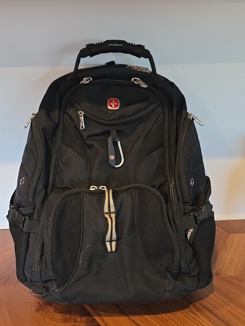 SwissGear Black and Silver Laptop Backpack with Red Logo